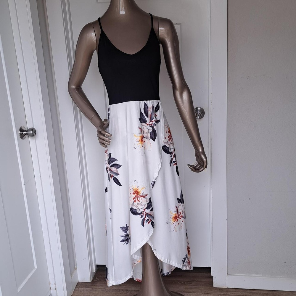 Black Floral High Low Maxi Dress Sleeveless V-Neck Cross Back Wrap Skirt